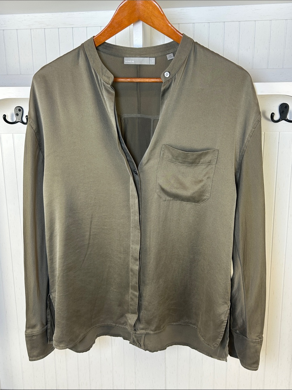 Vince 100% Silk Olive Army Green Blouse Size S